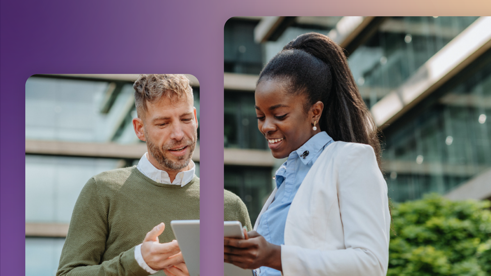 Two coworkers collaborate on an iPad, looking at ESG data.